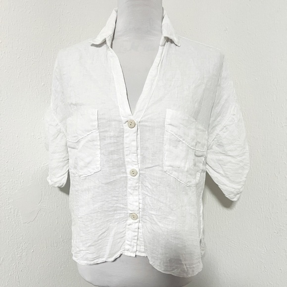 Zara Women's Large Linen Short Sleeve Button Up Shirt Flowy Beachy White EUC - Picture 1 of 6